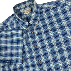 VTG 90s LL Bean Men XL Blue Plaid Short Sleeve Button Up Shirt Textured USA Made